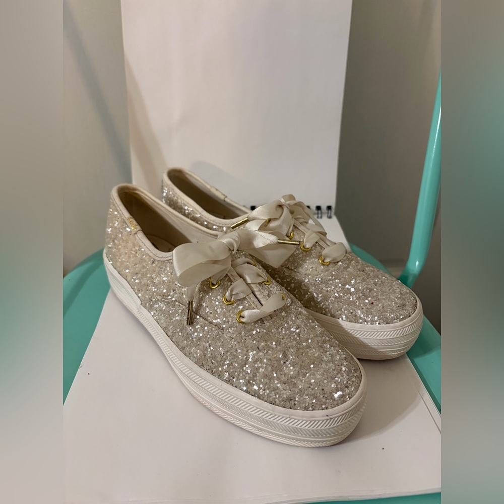 Kate Spade x Keds Silver Ivory Glitter Platform Sneakers 6.5